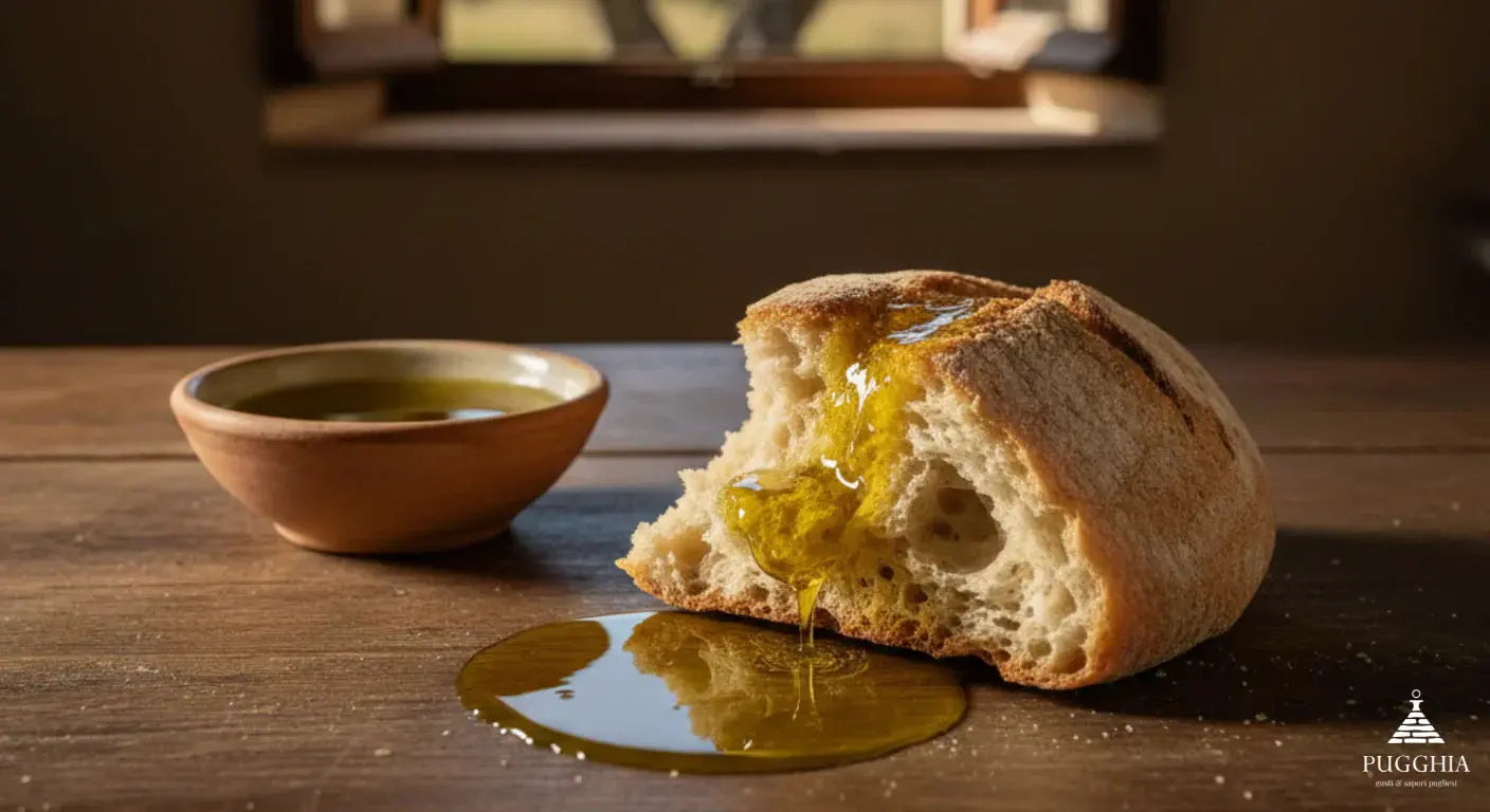Pane e olio pugliese su tavolo rustico: pane di grano duro spezzato a mano con olio extravergine di oliva pugliese, simbolo della tradizione contadina
