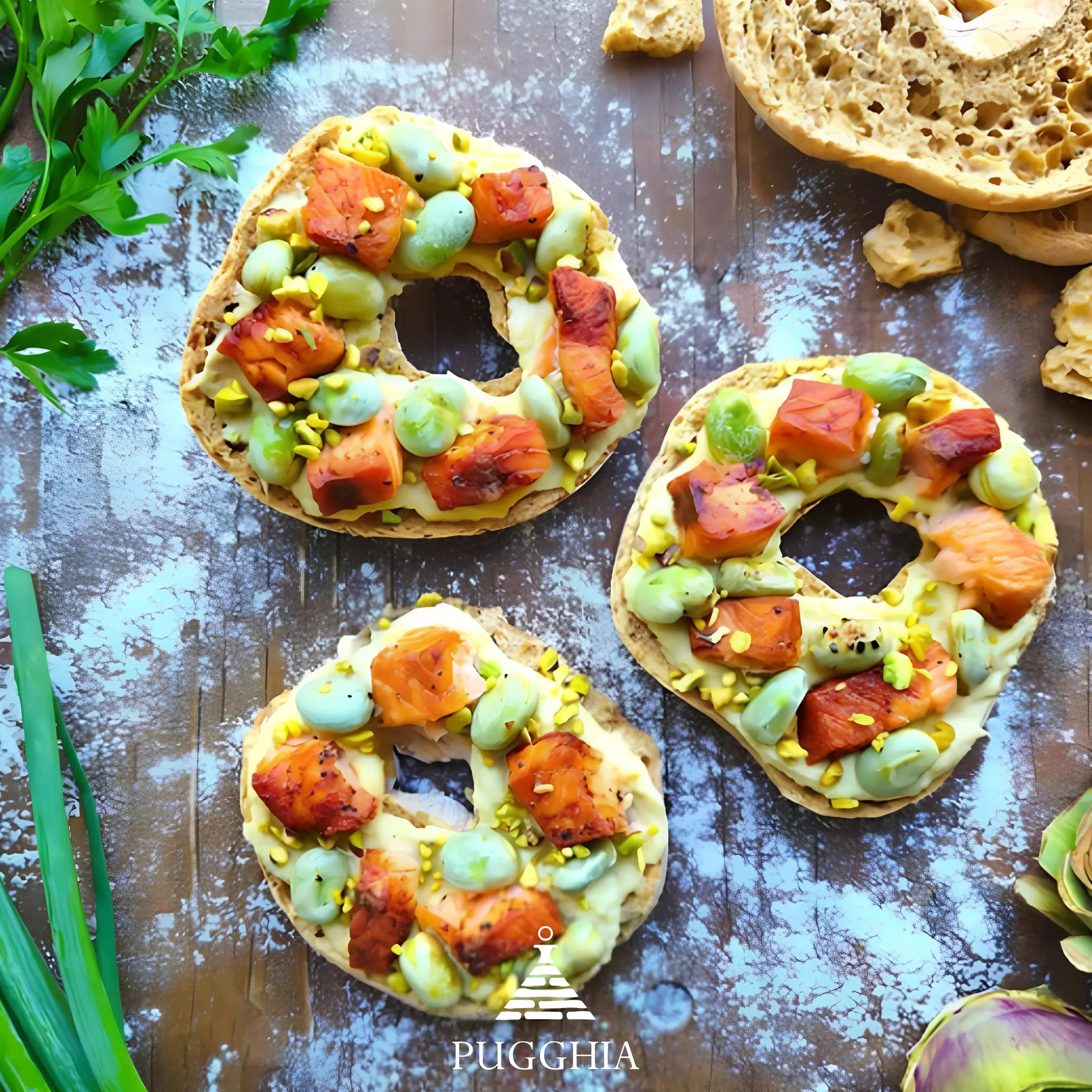 Friselle gourmet pugliesi con paté di carciofi, salmone, fave e pistacchi