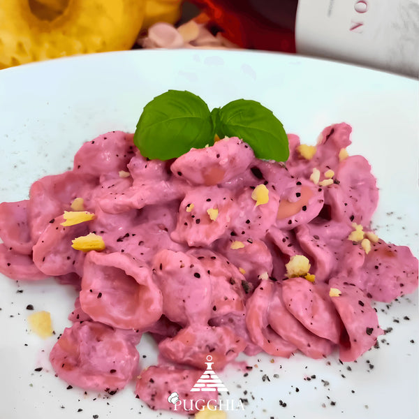 Red Wine Orecchiette with Ricotta Cream and Beetroot