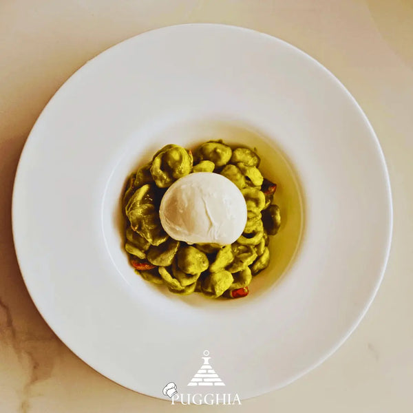 Orecchiette with Cream of Turnip Tops, Confit Cherry Tomatoes and Burrata