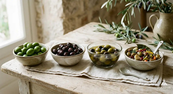 Quattro ciotole in ceramica con olive da tavola verdi, nere, in salamoia e condite per degustazione