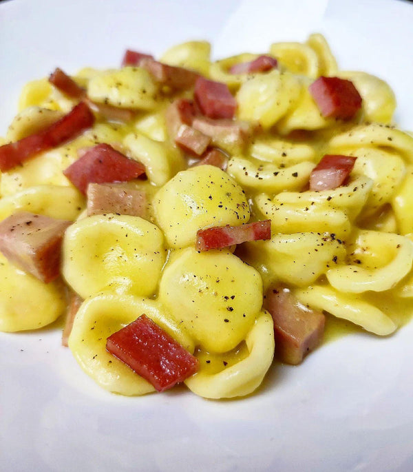 Orecchiette with Potato Cream and Crispy Mortadella