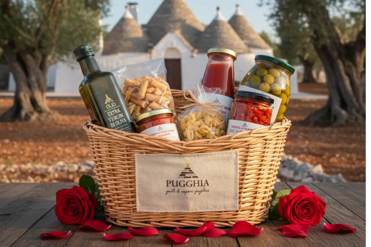 Cestino intrecciato in vimini pieno di prelibatezze italiane, inclusi olio d’oliva, pasta, pomodori e verdure sott’aceto.