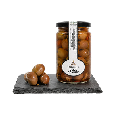 Una confezione da 314 g di olive condite al naturale puglia con olive marroni lucide immerse in salamoia ricca